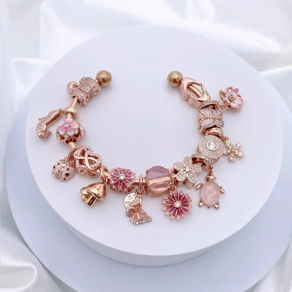 Linx Rose Gold Stainless Steel Open Bangle with Pink Themed Charms